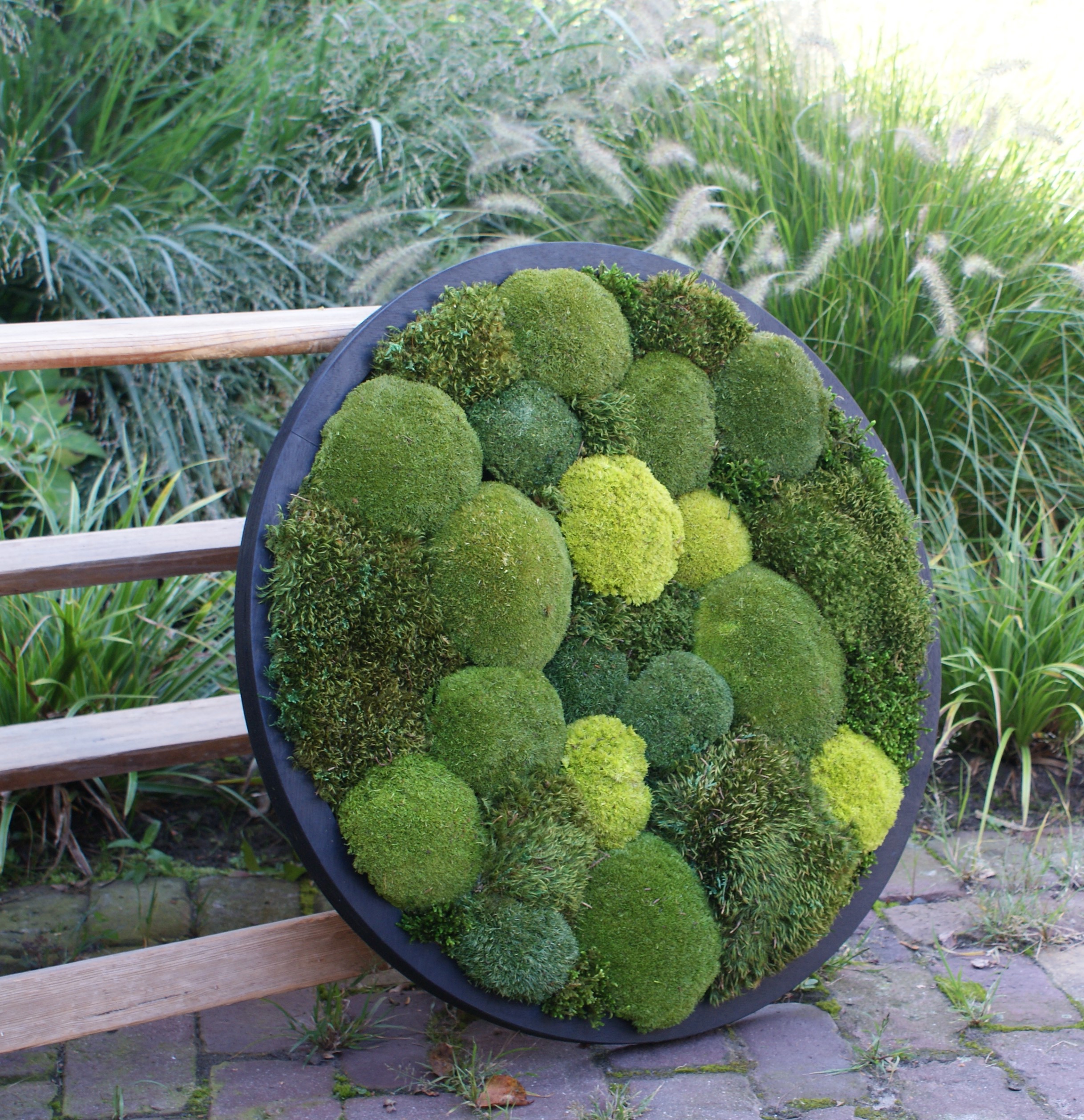 Kunstwerk van mos in rond frame . Circle of Green Oasis 60 cm, met verschillende tinten en structuren mos.